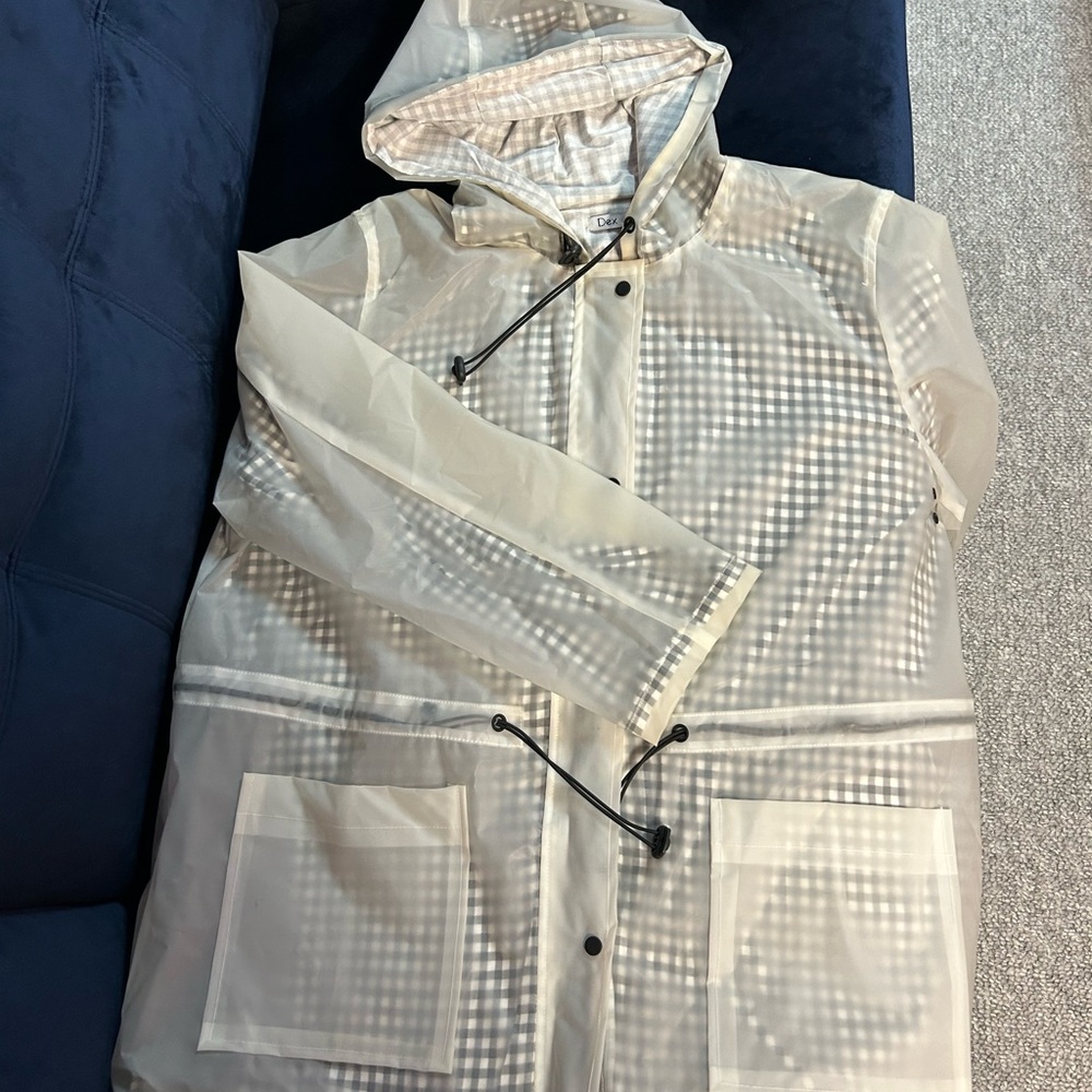 Transparent Hooded Raincoat with Black Accents